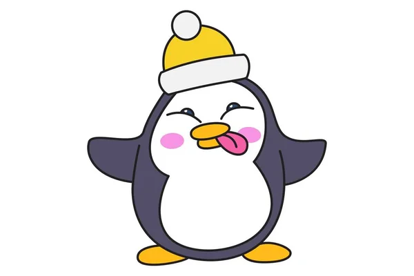 矢量卡通插图可爱的企鹅戴帽子 并显示舌头 隔离在白色背景上 — 图库矢量图片