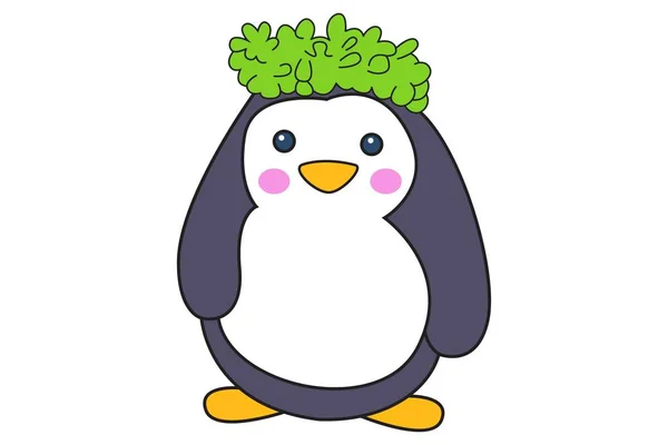 向量动画片例子可爱的企鹅戴草冠 隔离在白色背景上 — 图库矢量图片