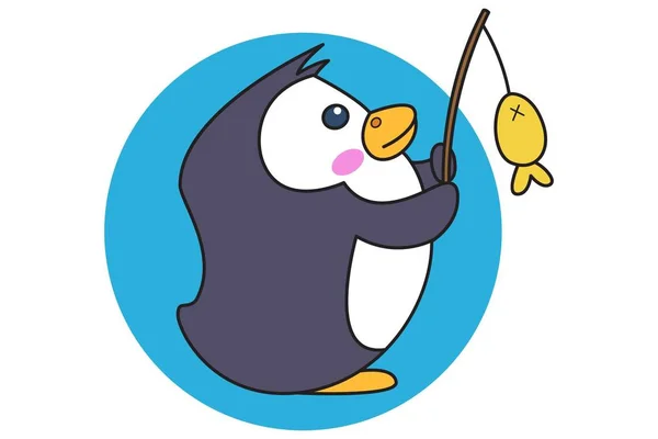 Vector Ilustración Dibujos Animados Pingüino Lindo Captura Pez Con Caña — Archivo Imágenes Vectoriales