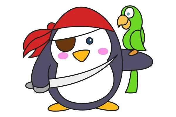 Vektorové Ilustrace Kreslené Roztomilý Pirátský Tučňák Mečem Papoušek Izolované Bílém — Stockový vektor