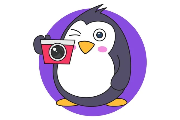 Vektorové Ilustrace Kreslené Roztomilý Tučňák Kamerou Izolované Bílém Pozadí — Stockový vektor