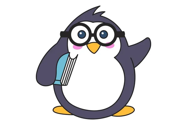 Vektorové Ilustrace Kreslené Roztomilý Tučňák Nosí Brýle Ruce Drží Knihu — Stockový vektor