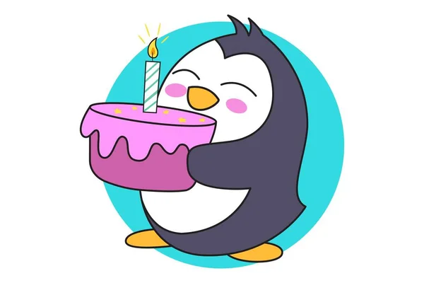 Vektor Cartoon Illustration Von Niedlichen Pinguin Hält Geburtstagstorte Isoliert Auf — Stockvektor