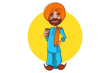 Vektör karikatür çizim punjabi adam bir cam elinde tutan. Beyaz arka plan üzerinde izole.