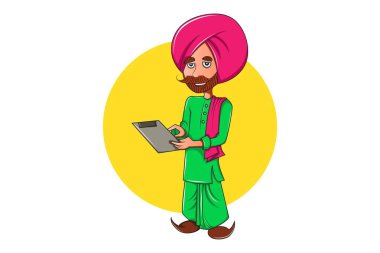 Vektör karikatür çizim. Kağıt elinde tutan ve kağıt okuma Punjabi adam. Beyaz arka plan üzerinde izole.