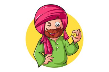 Vektör karikatür çizim. Punjabi adam göz kırptı. Beyaz arka plan üzerinde izole.