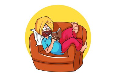 Vektör karikatür çizim. Punjabi adam kitap okuyor. Beyaz arka plan üzerinde izole.