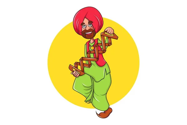 Ilustración Dibujos Animados Vectoriales Del Hombre Punjabi Bailando Utilizando Instrumento — Archivo Imágenes Vectoriales