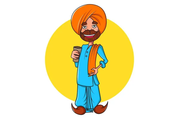 Desenho Animado Vetor Ilustração Homem Punjabi Segurando Copo Mão Isolado — Vetor de Stock