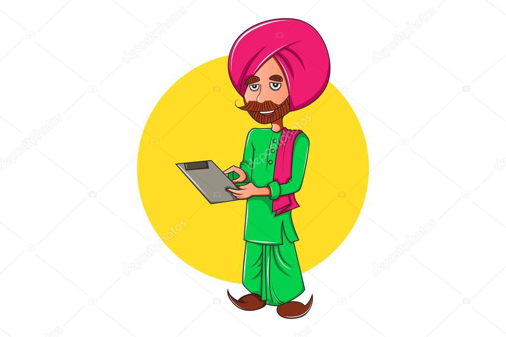 Vector cartoon illustration. Punjabi man holding paper in hand and reading the paper. Isolated on white background.