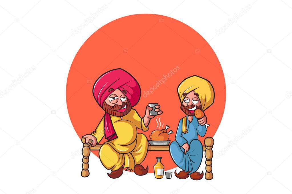 Vector cartoon illustration. Punjabi man having fun. Isolated on white background.