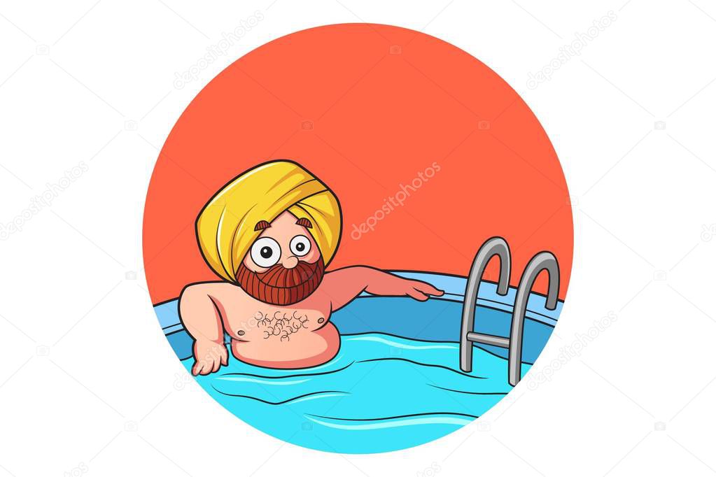 Vector cartoon illustration of punjabi man in swimming pool. Isolated on white background.