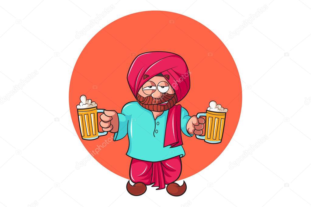Vector cartoon illustration of punjabi man holding the beer cup in hand. Isolated on white background.