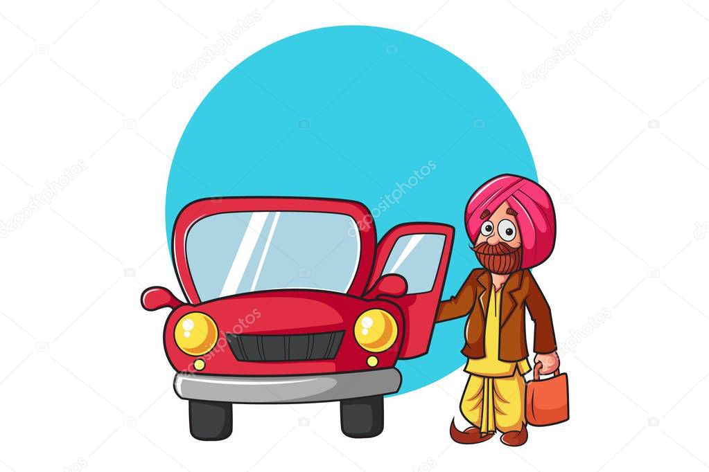 Vector cartoon illustration of punjabi man standing outside the car. Isolated on white background.