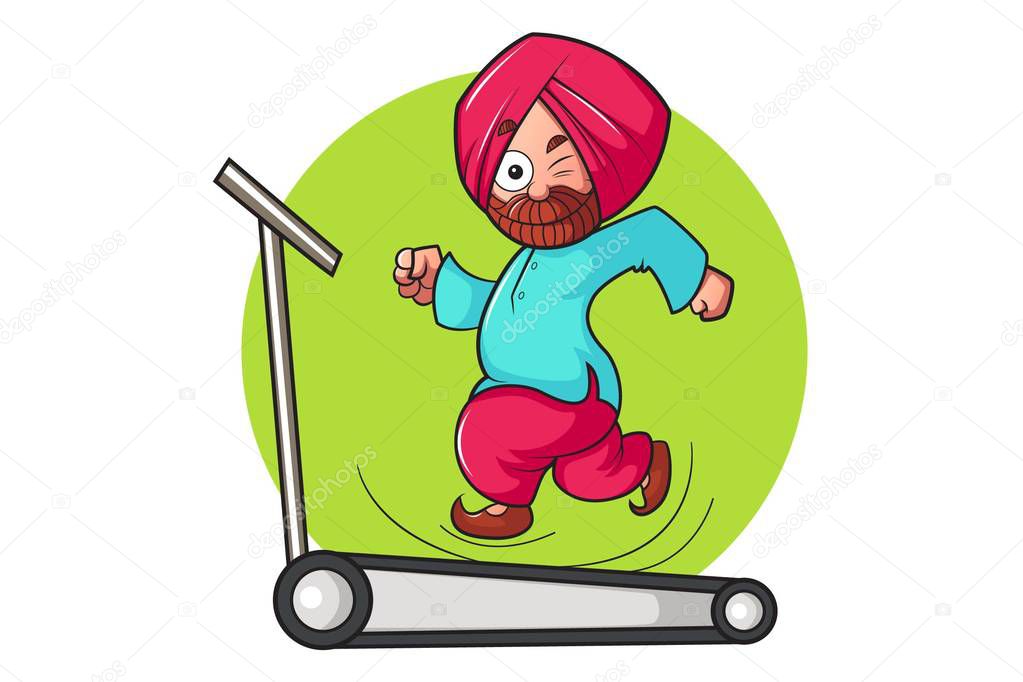 Vector cartoon illustration. Punjabi man running on trade mill. Isolated on white background.