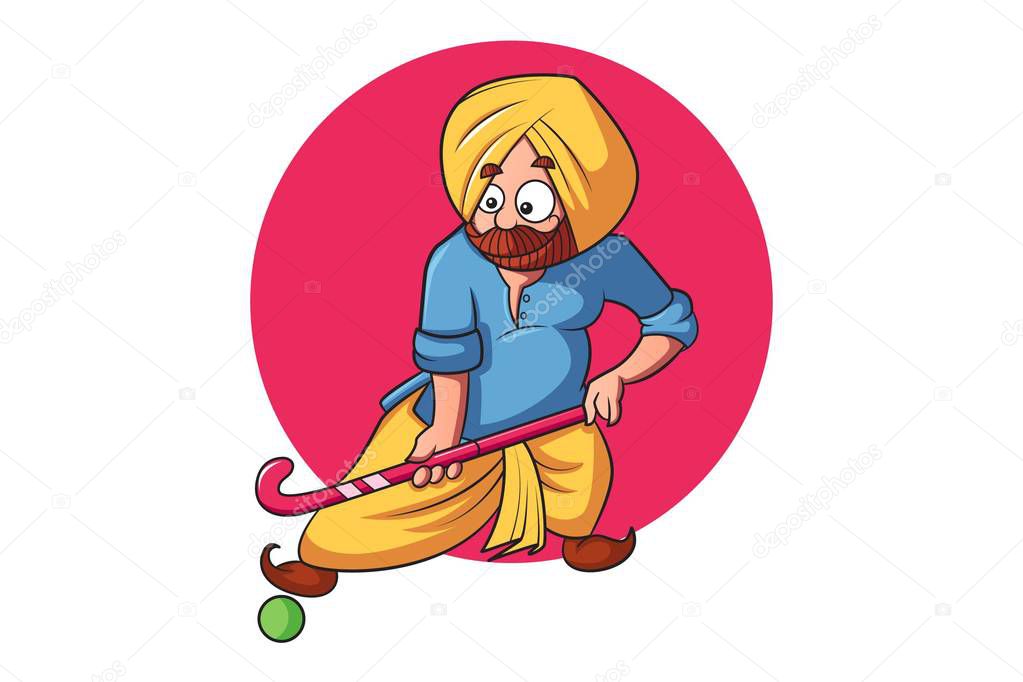Vector cartoon illustration of punjabi man playing hockey. Isolated on white background.