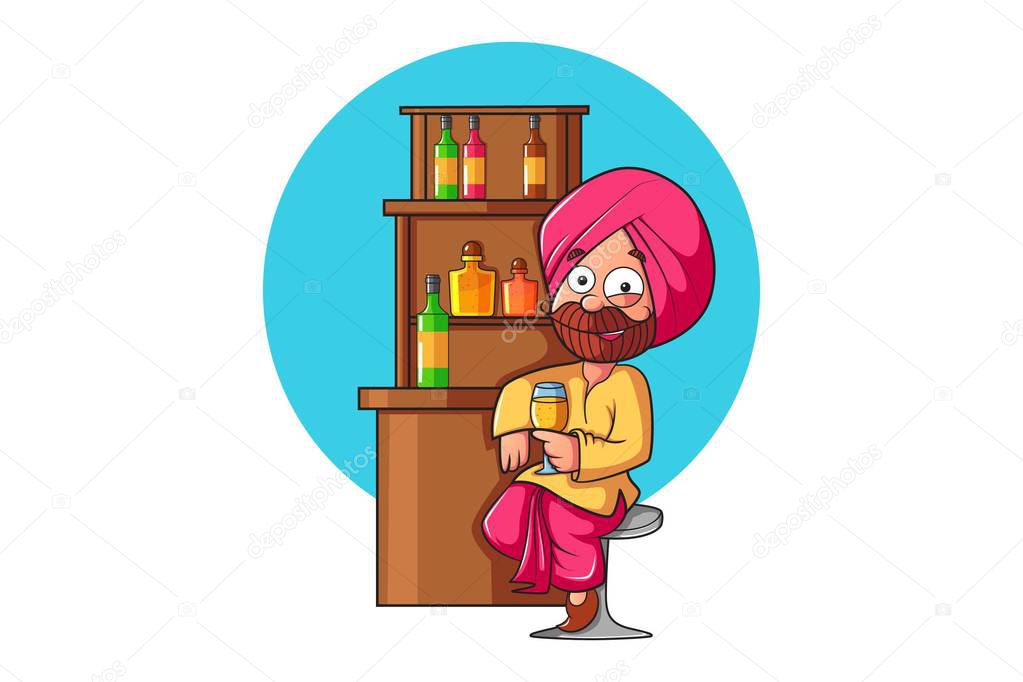 Vector cartoon illustration .Punjabi man sitting at bar and having a drink . Isolated on white background.