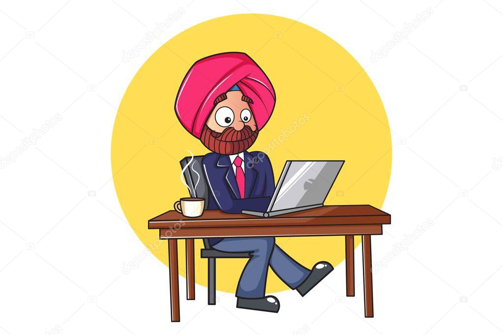 Vector cartoon illustration. Punjabi man working on laptop. Isolated on white background.