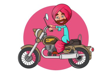 Vektör karikatür çizim kurşun Bisiklet punjabi adam. Beyaz arka plan üzerinde izole.