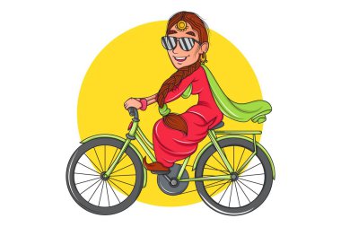Vektör karikatür çizim. Güneş gözlüğü takıyor ve bir bisiklet sürme Sardarni. Beyaz arka plan üzerinde izole.