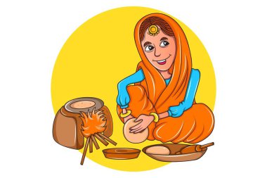 Vektör karikatür çizim. Punjabi sardarni toprak ocakta Chapati yapma. Beyaz arka plan üzerinde izole.