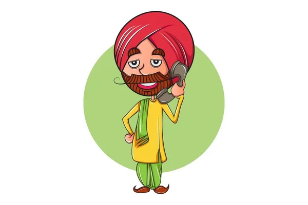 Ilustración Dibujos Animados Vectoriales Del Hombre Punjabi Hablando Por Teléfono — Archivo Imágenes Vectoriales