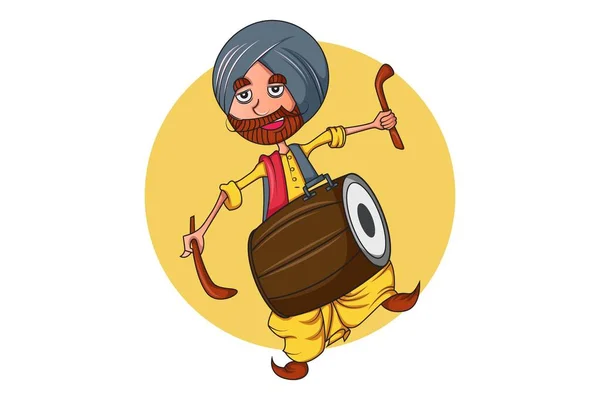 Vector Cartoon Illustration Punjabi Man Dhol Isolated White Background — Stock Vector