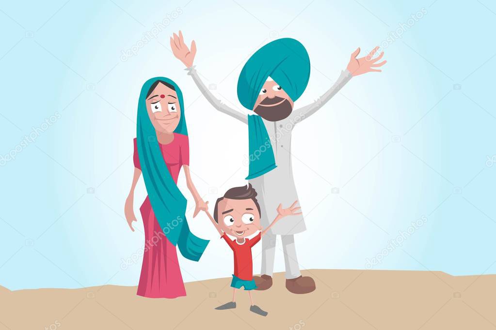 Vector cartoon illustration of happy indian village farmer family. Isolated on white background.