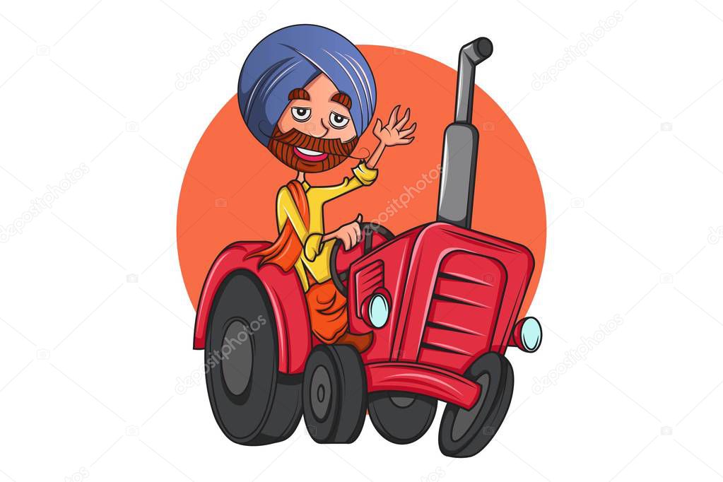 Vector cartoon illustration of punjabi man on tractor in Punjab. Isolated on white background.