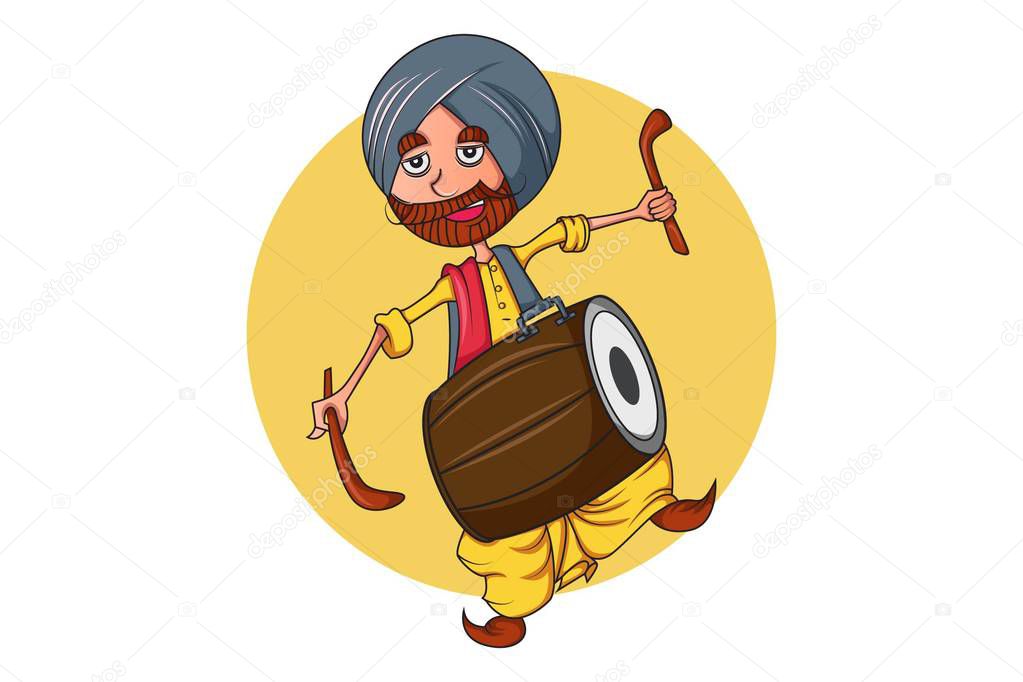 Vector cartoon illustration of punjabi man  with dhol. Isolated on white background.