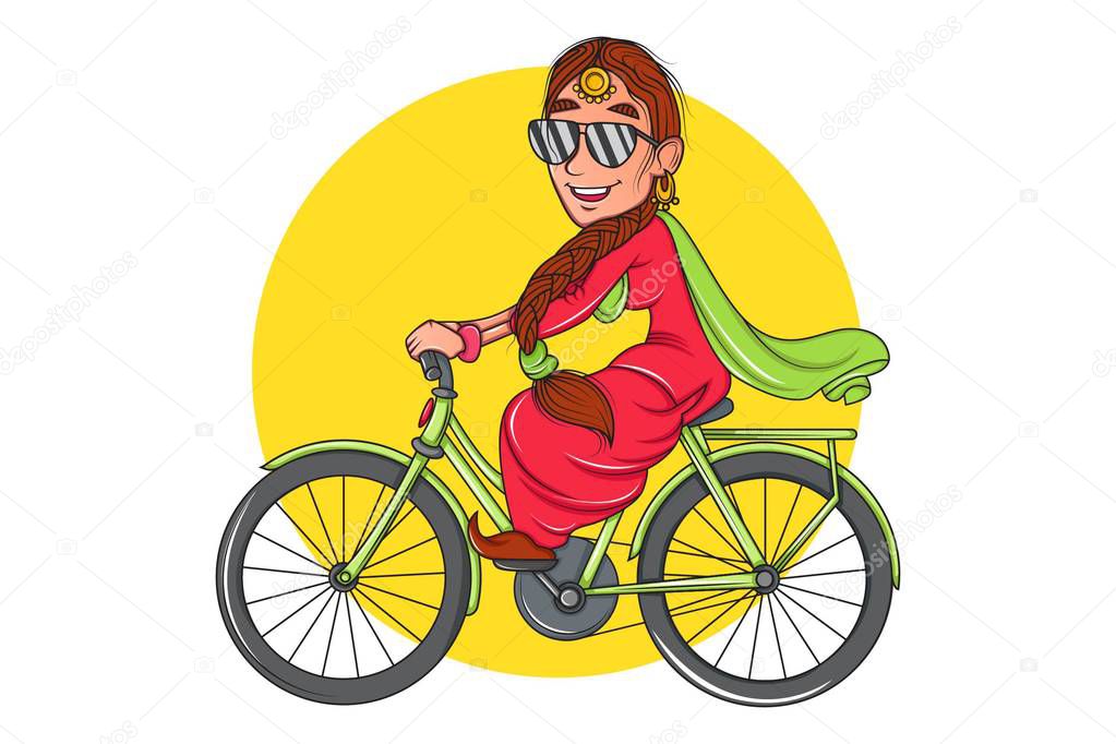Vector cartoon illustration. Sardarni wearing sunglasses and riding a bicycle. Isolated on white background.