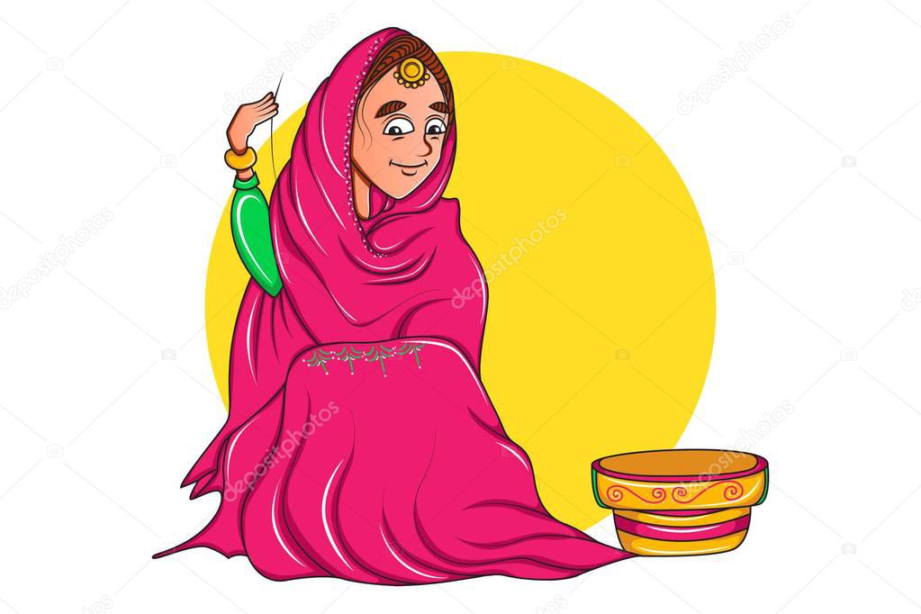 Vector cartoon illustration. Sardarni sitting and making design on cloth. Isolated on white background.