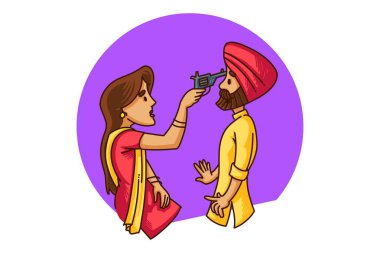 Vektör karikatür çizim Punjabi sardarni kocası bir silahı doğrultmuş. Beyaz arka plan üzerinde izole.