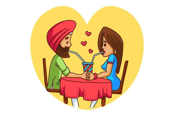 Ilustrasi Kartun Vektor Dari Pasangan Sardar Punjabi Memiliki Minuman Terisolasi - Stok Vektor