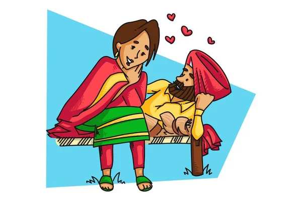 Vektor Rajzfilm Illusztrációja Egy Pandzsábi Sardar Pár Romantikus Beszélget Elszigetelt — Stock Vector