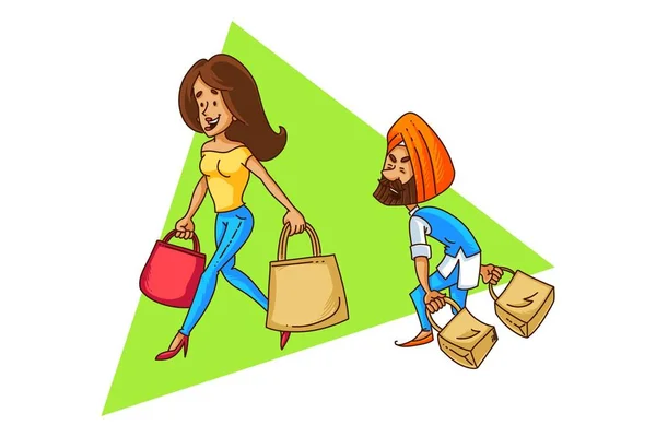 Dibujos Animados Vectoriales Ilustración Punjabi Sardar Par Compras Aislado Sobre — Vector de stock