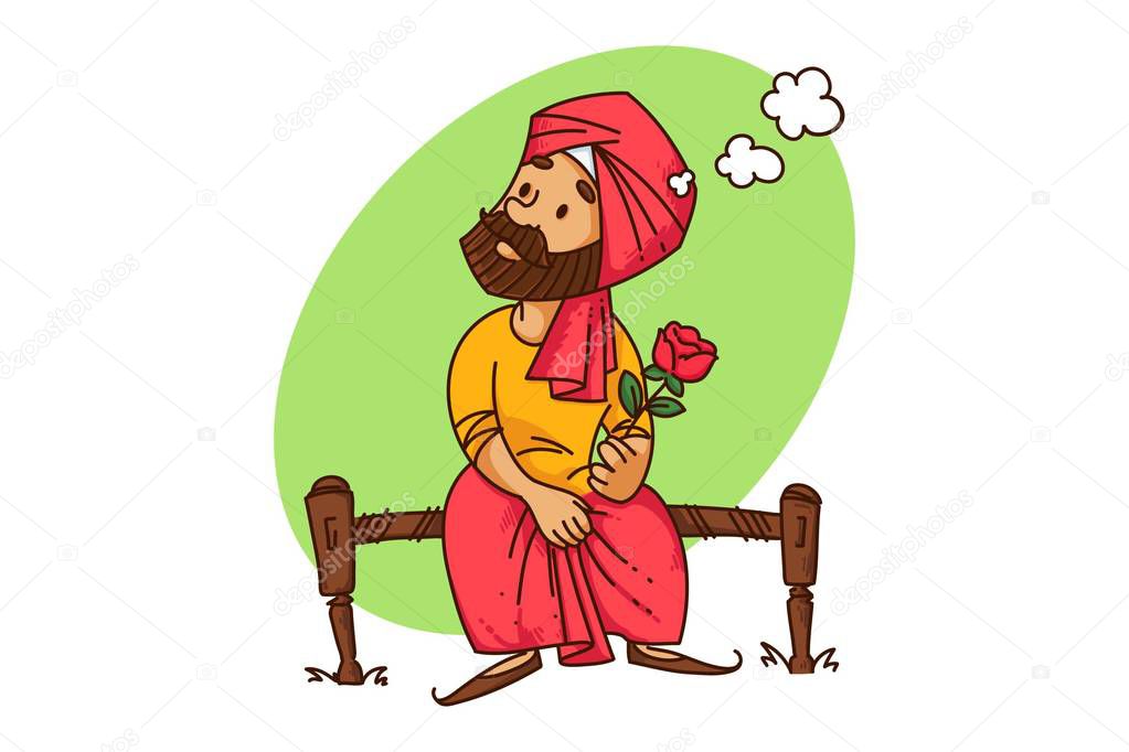 Vector cartoon illustration of Punjabi sardar man sitting on a bed with a rose in hand thinking . Isolated on white background.