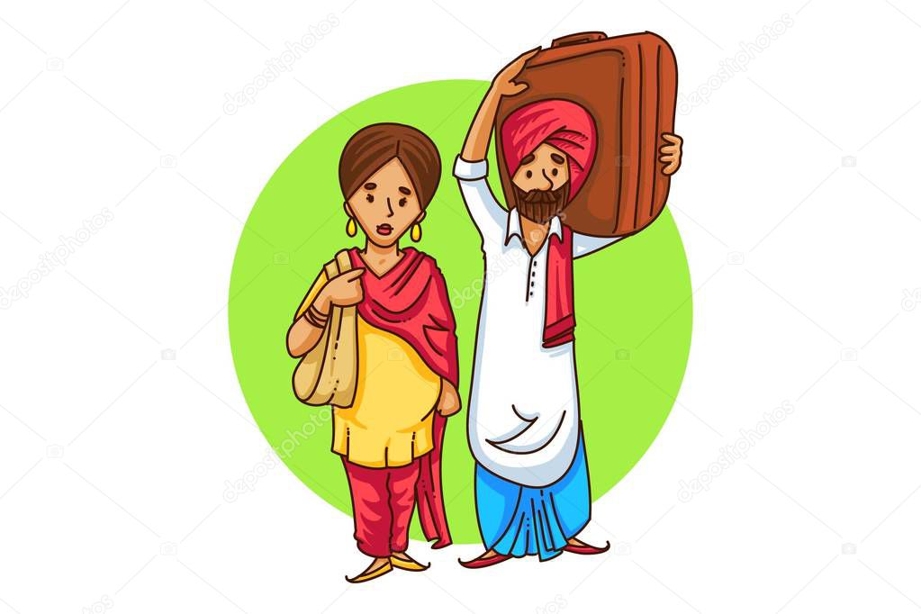 Vector cartoon illustration of  a Punjabi sardar couple travelling . Isolated on white background.