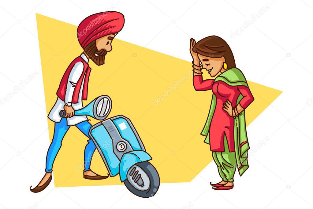 Vector cartoon illustration of a Punjabi Sardar starting his scooter with his girlfriend standing beside him. Isolated on white background.