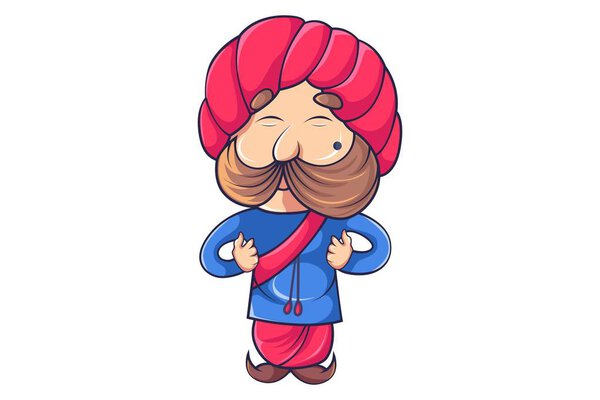 Vector cartoon illustration of rajput man happy. Isolated on white background.