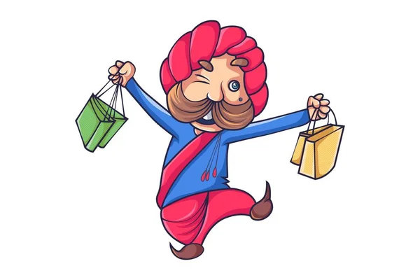 Ilustración Dibujos Animados Vectorial Hombre Rajput Feliz Con Bolsa Compras — Vector de stock