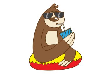 Vektör karikatür çizim. Yüzmek halkada oturan sevimli tembel hayvan. Beyaz arka plan üzerinde izole.
