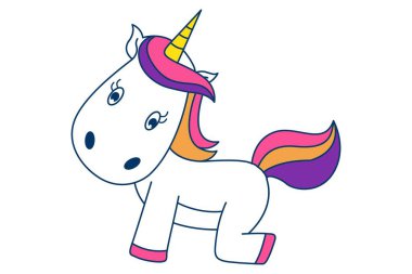 Vektör karikatür çizim şirin tek boynuzlu at. Beyaz arka plan üzerinde izole.