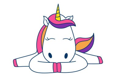 Vektör karikatür çizim açık bacaklar ile şirin tek boynuzlu at uzan. Beyaz arka plan üzerinde izole.