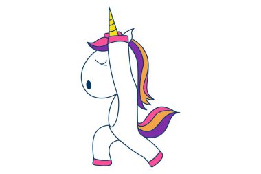 Şirin tek boynuzlu at dans çizgi film illüstrasyon vektör. Beyaz arka plan üzerinde izole.