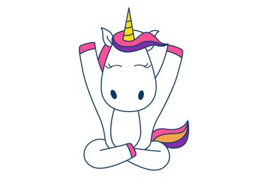 Vektör karikatür çizim ile açık el oturma sevimli tek boynuzlu at. Beyaz arka plan üzerinde izole.