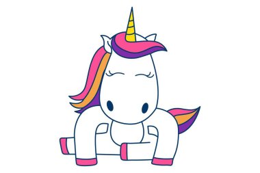 Vektör karikatür çizim oturma sevimli tek boynuzlu at. Beyaz arka plan üzerinde izole.