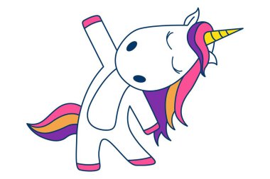 Vektör karikatür çizim şirin tek boynuzlu at. Beyaz arka plan üzerinde izole.