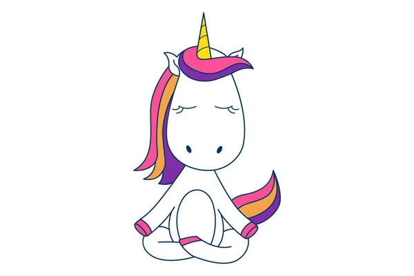 Vektör karikatür çizim Yoga şirin tek boynuzlu at poz. Beyaz arka plan üzerinde izole.