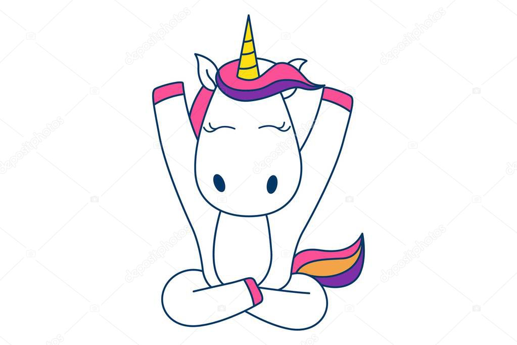Vector cartoon illustration of cute unicorn sitting with open hands. Isolated on white background.